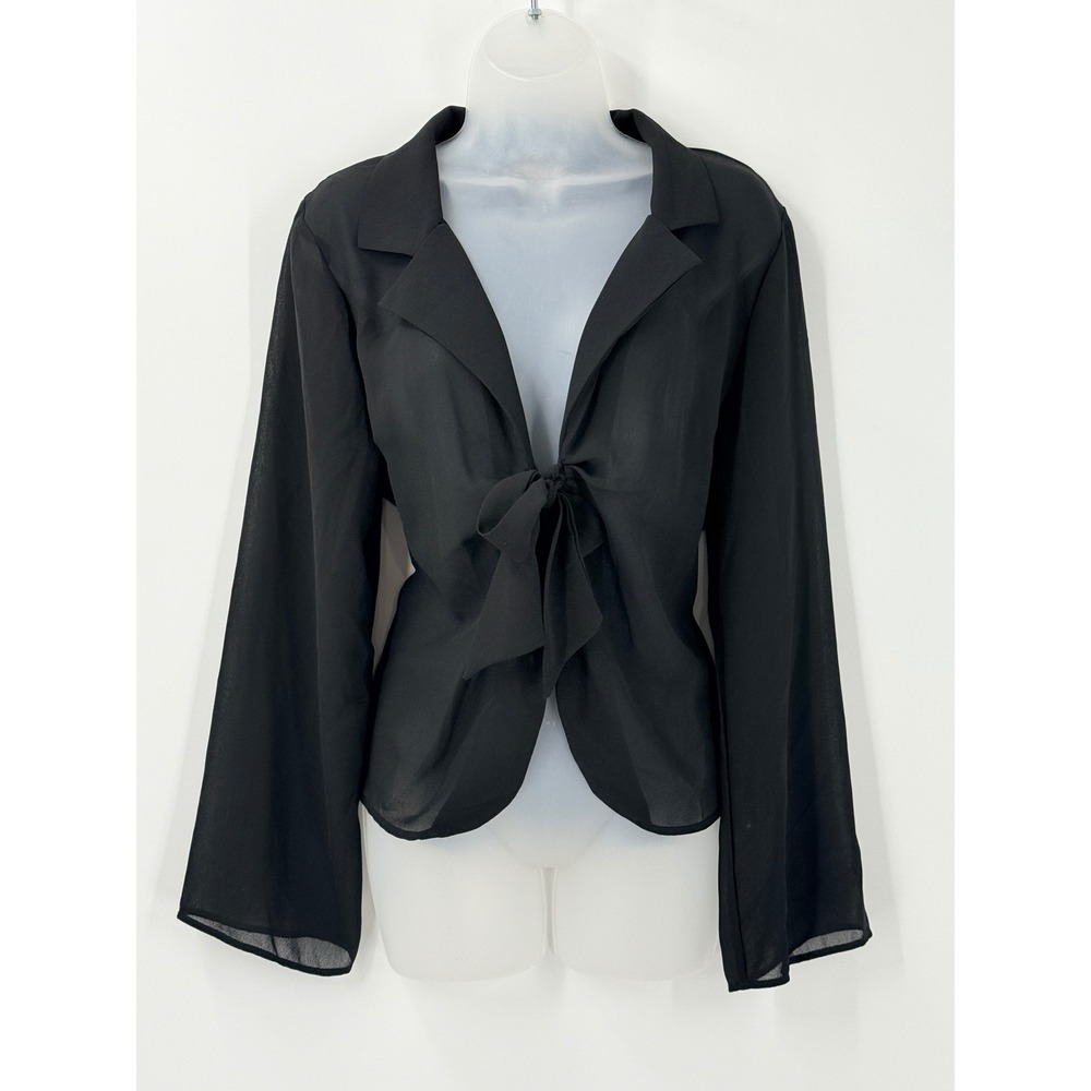 vtg Womens Black‎ Sheer Tie Front top sz L Bell Sleeve whimsigoth witchy goth